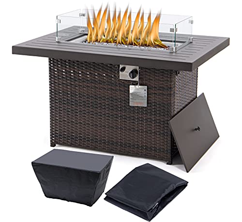 Rectangle fire Pit Table Propane fire Pit Clearance 44 Outdoor with Waterproof Cover 55000 BTU Espresso Brown fire Pit Propane with Aluminium Alloy Table top (44 GlassCover Espresso)